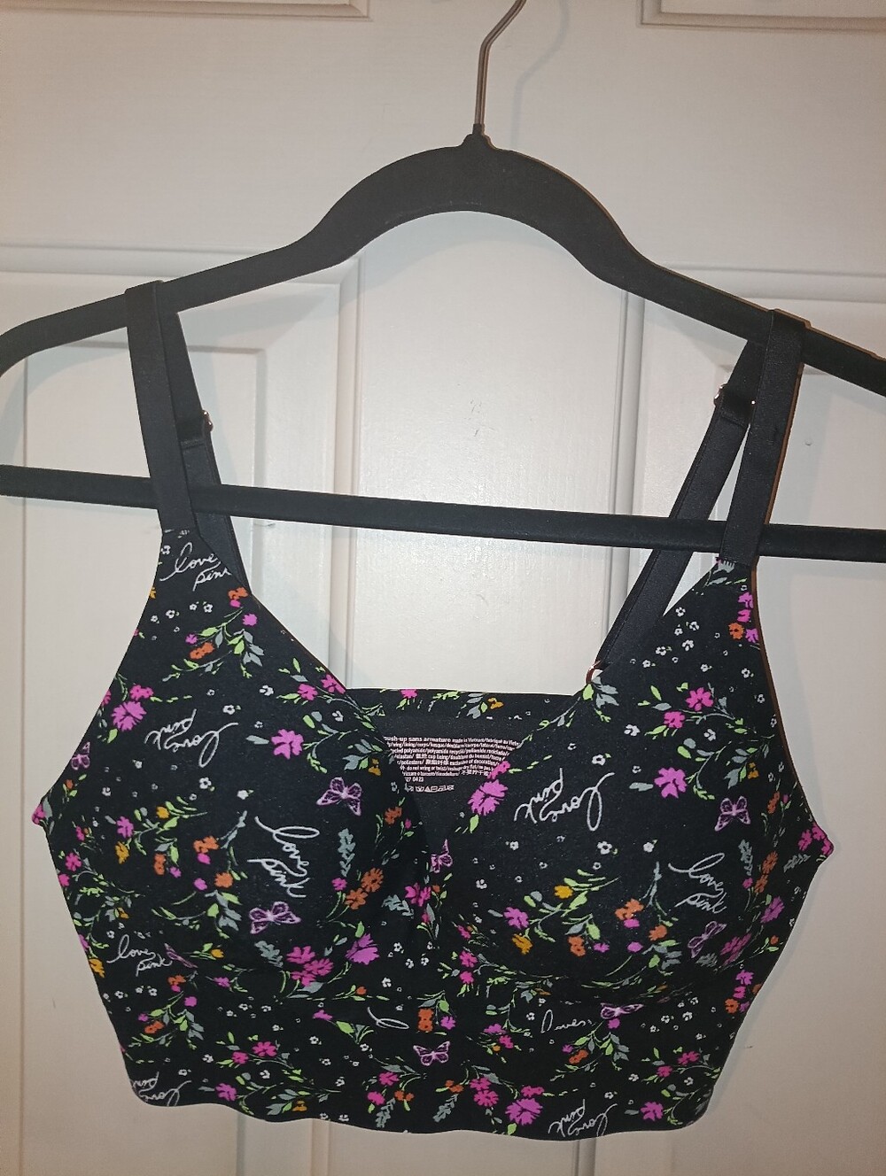 Victoria Secret PINK Lounging Wireless Pushup Padded Bra Large Logo\Floral Blk